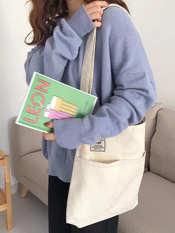 Chicmy-Simple Solid Color With-pockets Canvas Handbag
