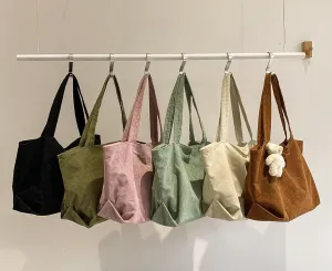 Classic Minimalist Pure Color Pattern Corduroy Tote, Large Capacity Tote Bag