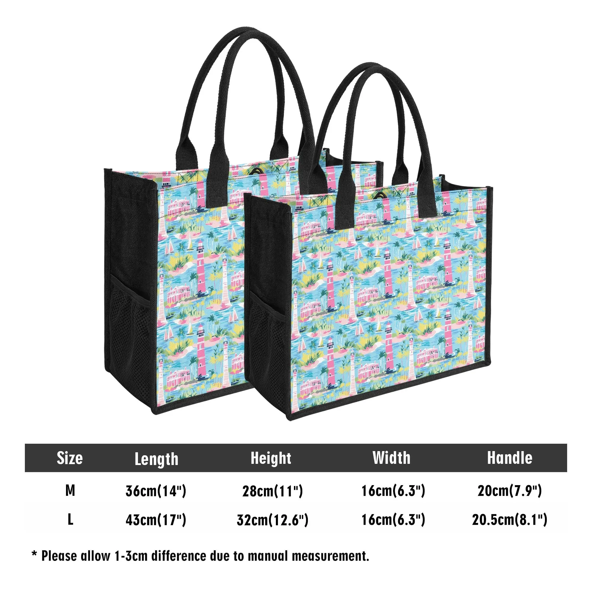 Coastal Charms: Sailboats and Lighthouses Adorning the Coastline Structured Button Closure Canvas Tote Bag in 2 Sizes