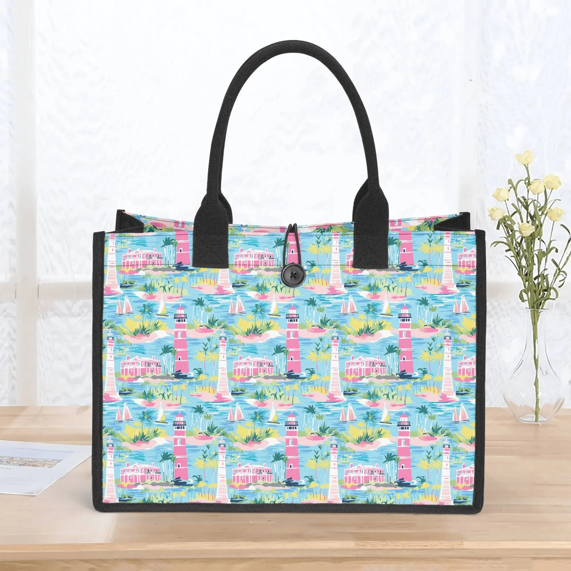 Coastal Charms: Sailboats and Lighthouses Adorning the Coastline Structured Button Closure Canvas Tote Bag in 2 Sizes