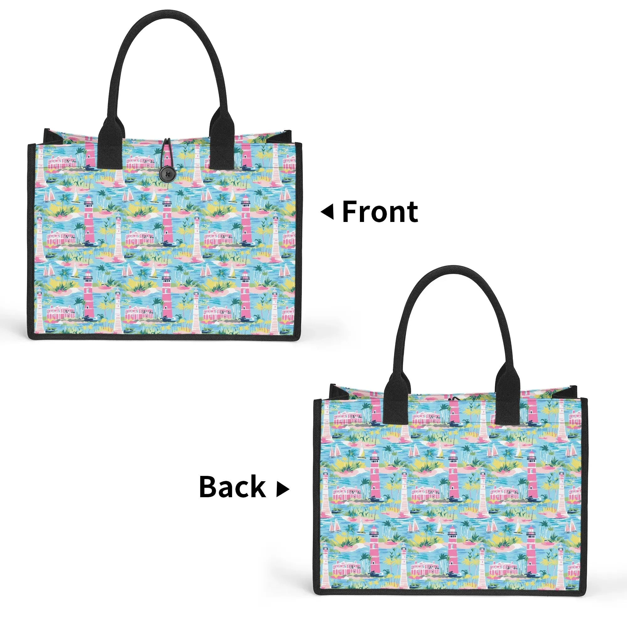 Coastal Charms: Sailboats and Lighthouses Adorning the Coastline Structured Button Closure Canvas Tote Bag in 2 Sizes