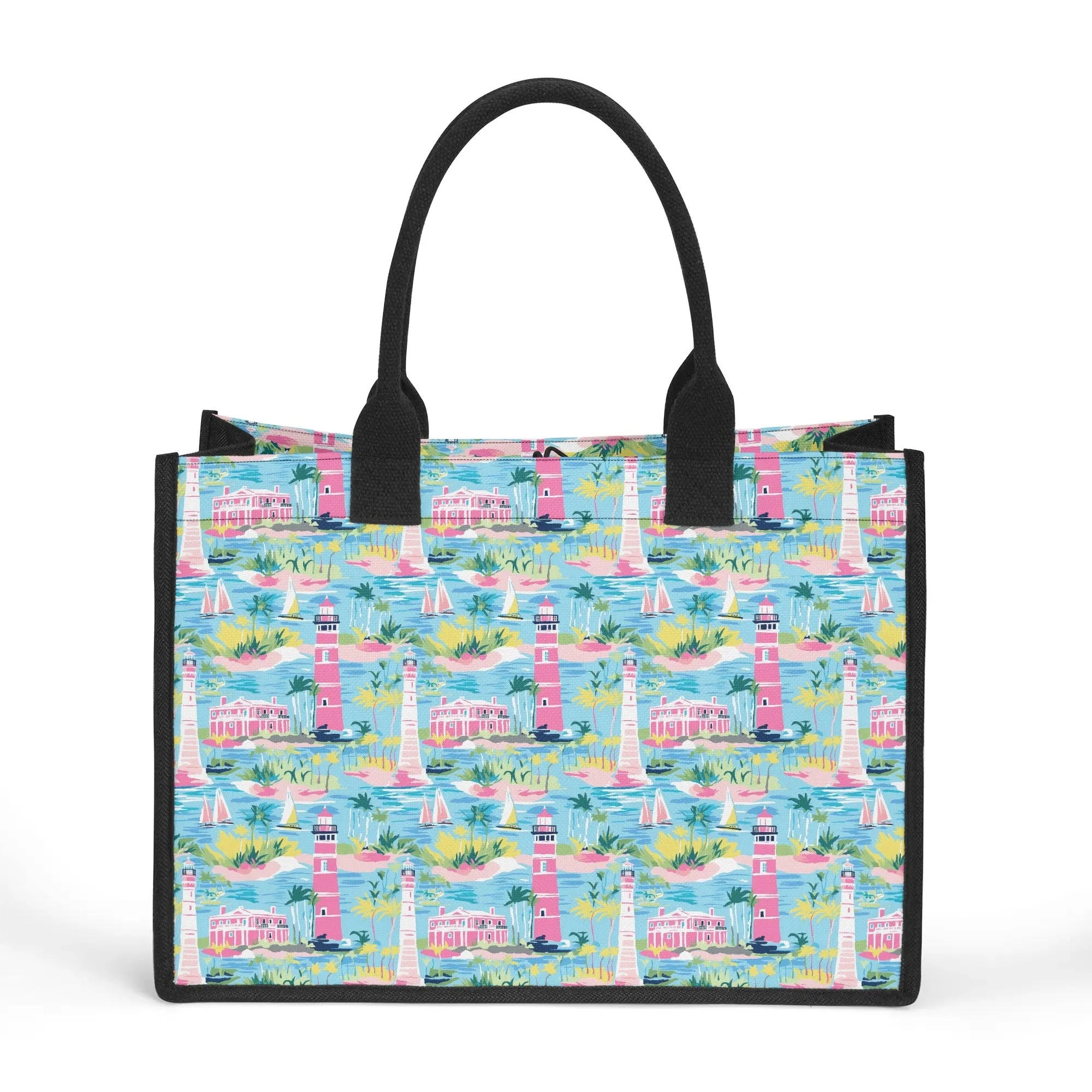 Coastal Charms: Sailboats and Lighthouses Adorning the Coastline Structured Button Closure Canvas Tote Bag in 2 Sizes