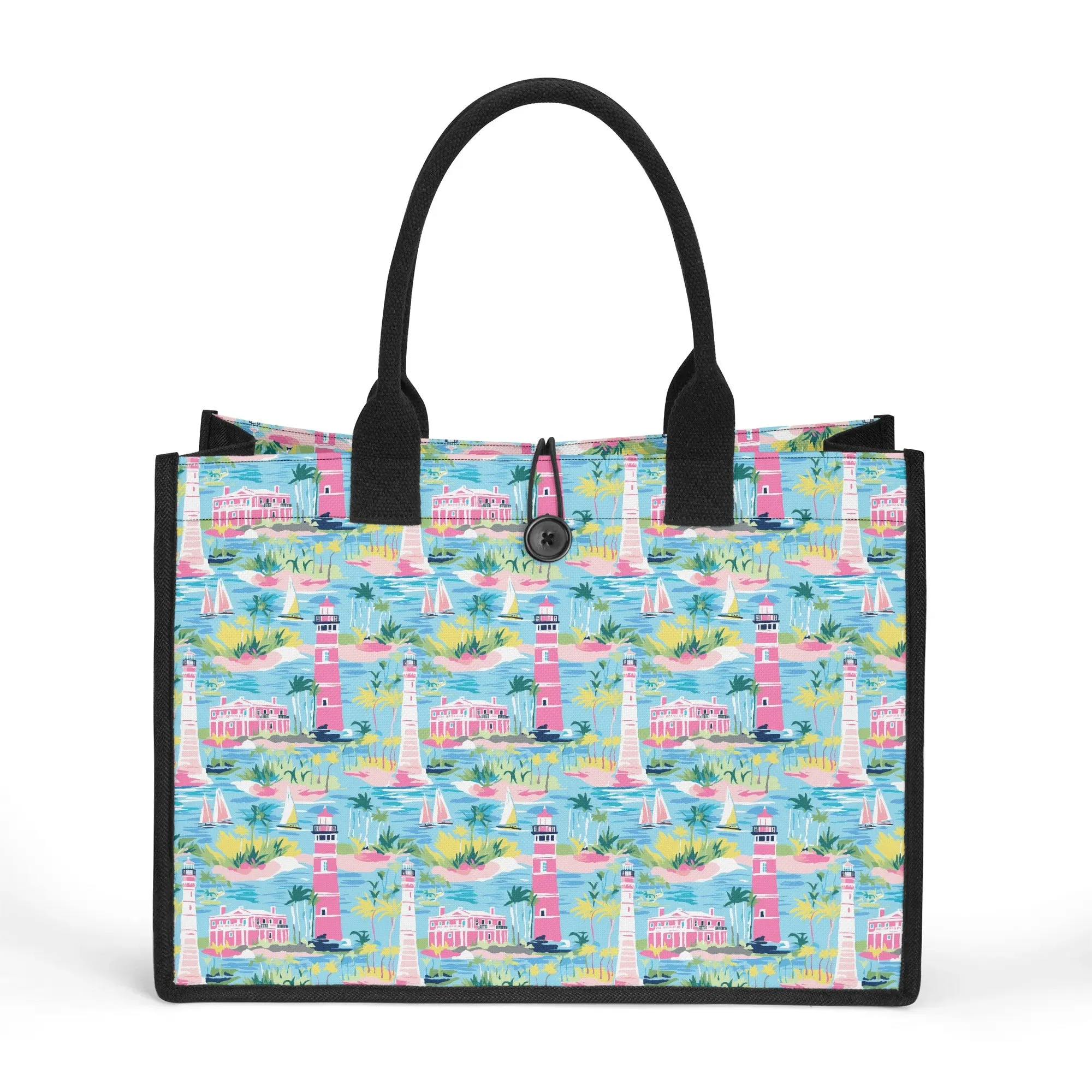 Coastal Charms: Sailboats and Lighthouses Adorning the Coastline Structured Button Closure Canvas Tote Bag in 2 Sizes
