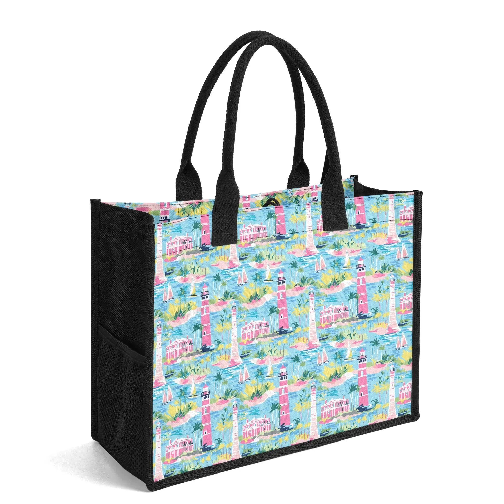Coastal Charms: Sailboats and Lighthouses Adorning the Coastline Structured Button Closure Canvas Tote Bag in 2 Sizes