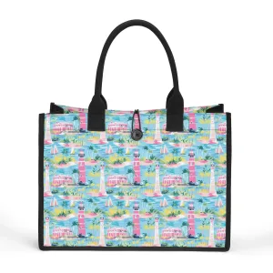 Coastal Charms: Sailboats and Lighthouses Adorning the Coastline Structured Button Closure Canvas Tote Bag in 2 Sizes