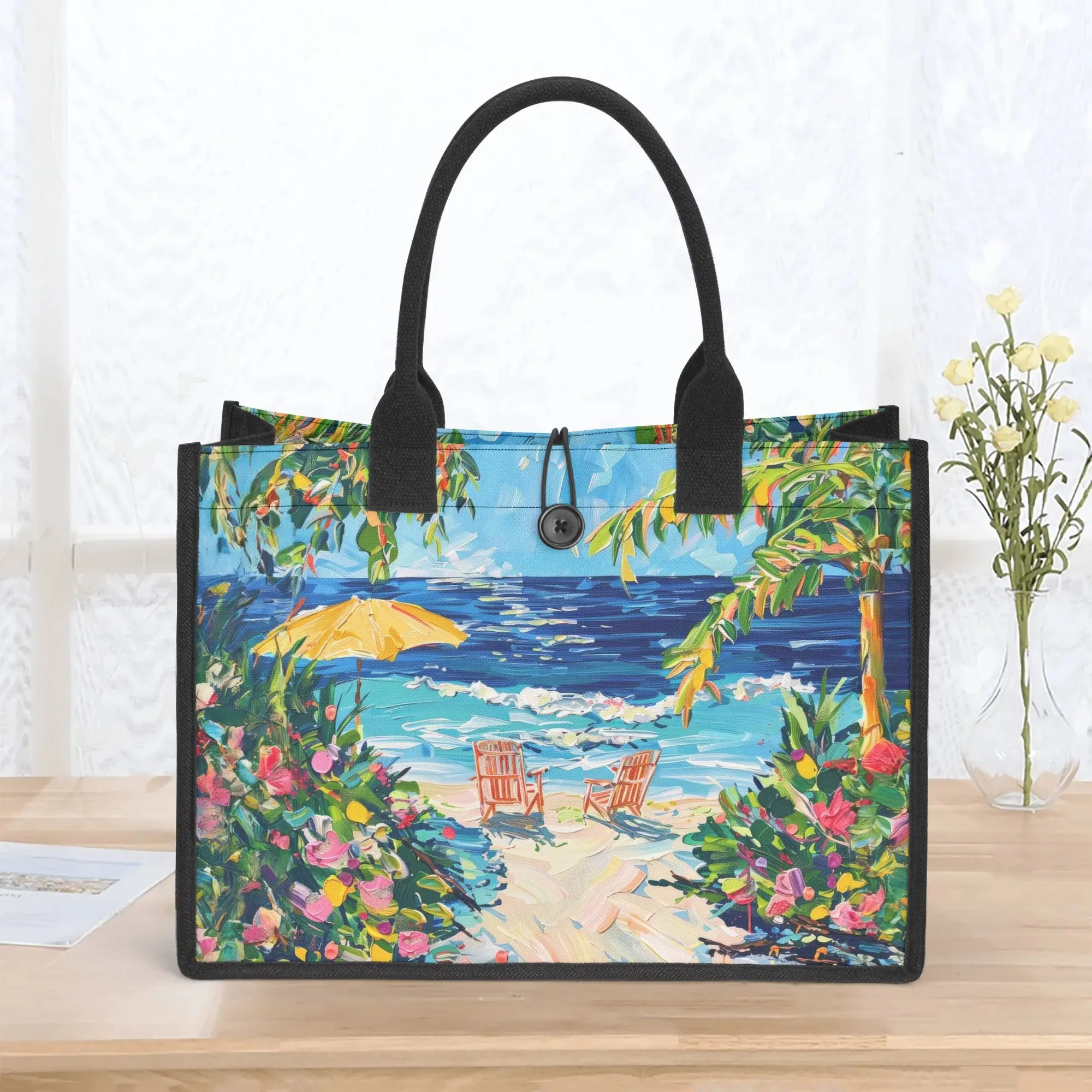 Coastal Dreamscape: Abstract Watercolor Palm Trees, Flowers, and Ocean Waves Structured Button Closure Canvas Tote Bag in 2 Sizes