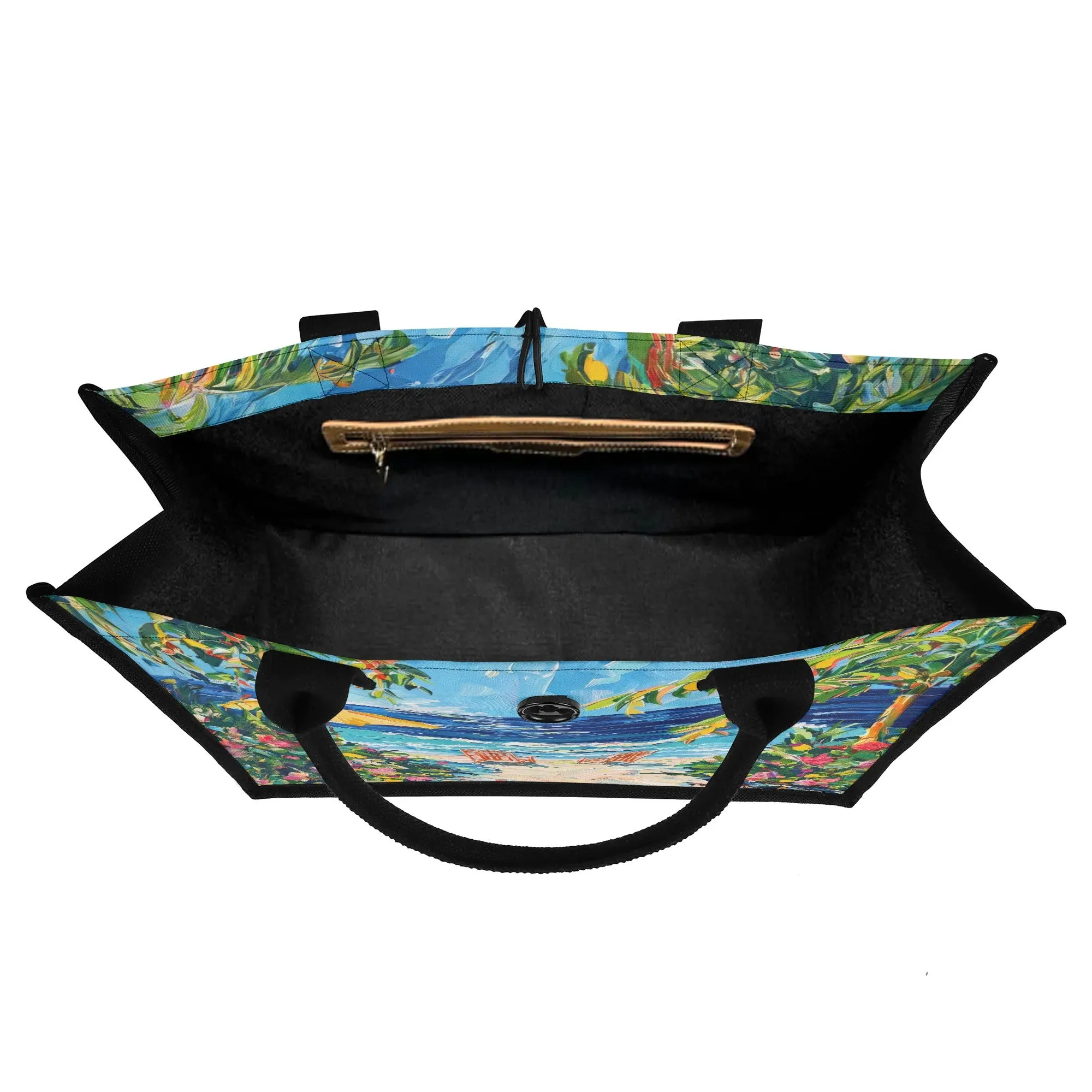Coastal Dreamscape: Abstract Watercolor Palm Trees, Flowers, and Ocean Waves Structured Button Closure Canvas Tote Bag in 2 Sizes