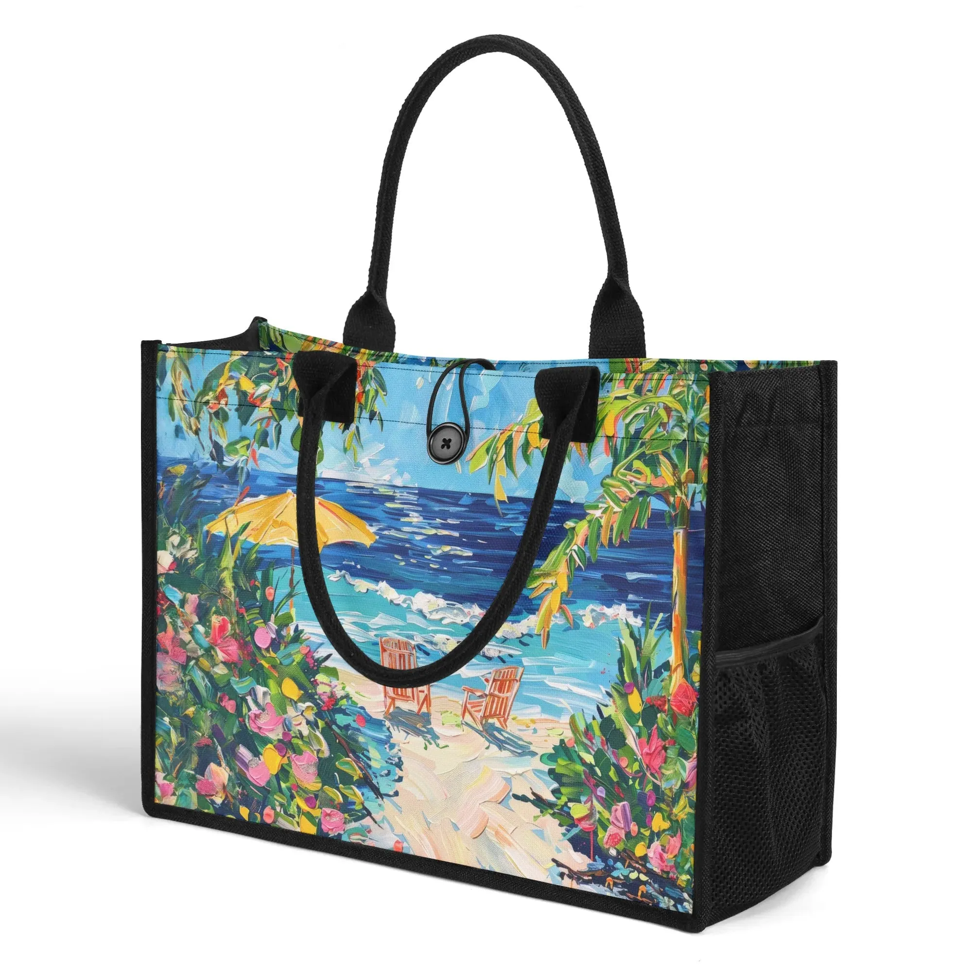 Coastal Dreamscape: Abstract Watercolor Palm Trees, Flowers, and Ocean Waves Structured Button Closure Canvas Tote Bag in 2 Sizes