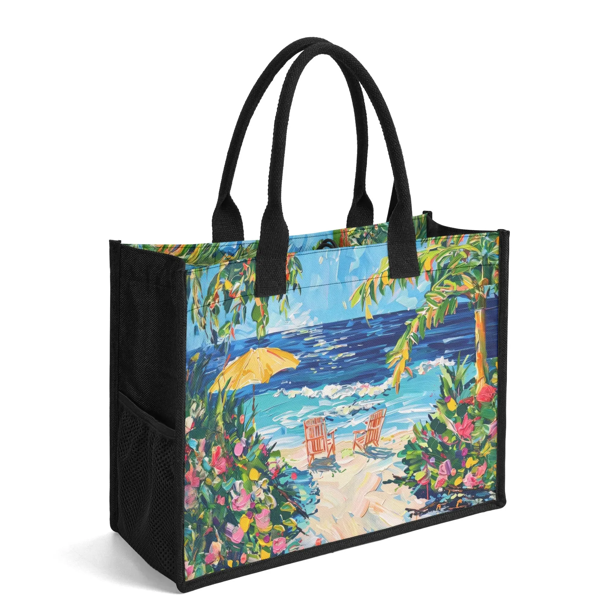 Coastal Dreamscape: Abstract Watercolor Palm Trees, Flowers, and Ocean Waves Structured Button Closure Canvas Tote Bag in 2 Sizes