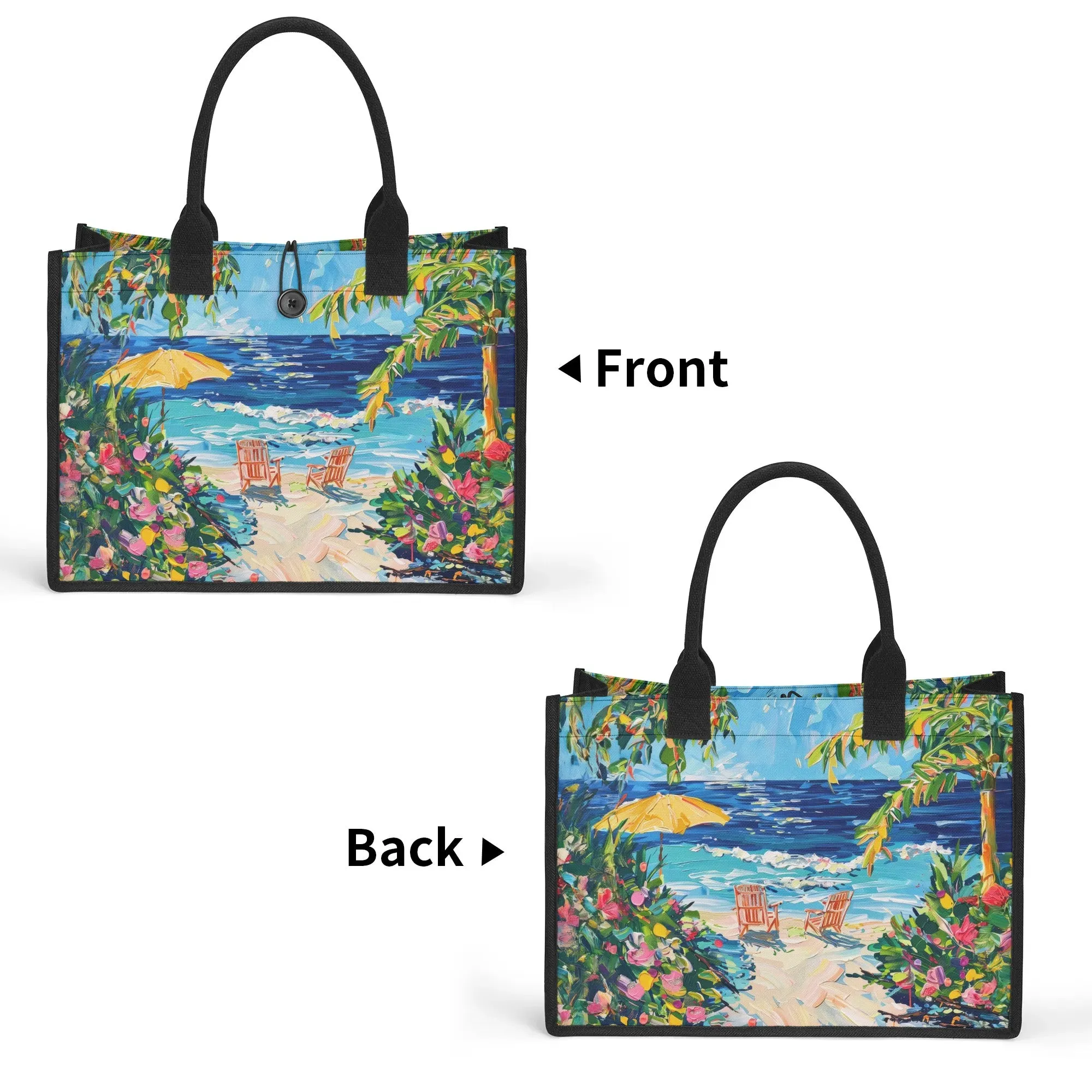 Coastal Dreamscape: Abstract Watercolor Palm Trees, Flowers, and Ocean Waves Structured Button Closure Canvas Tote Bag in 2 Sizes