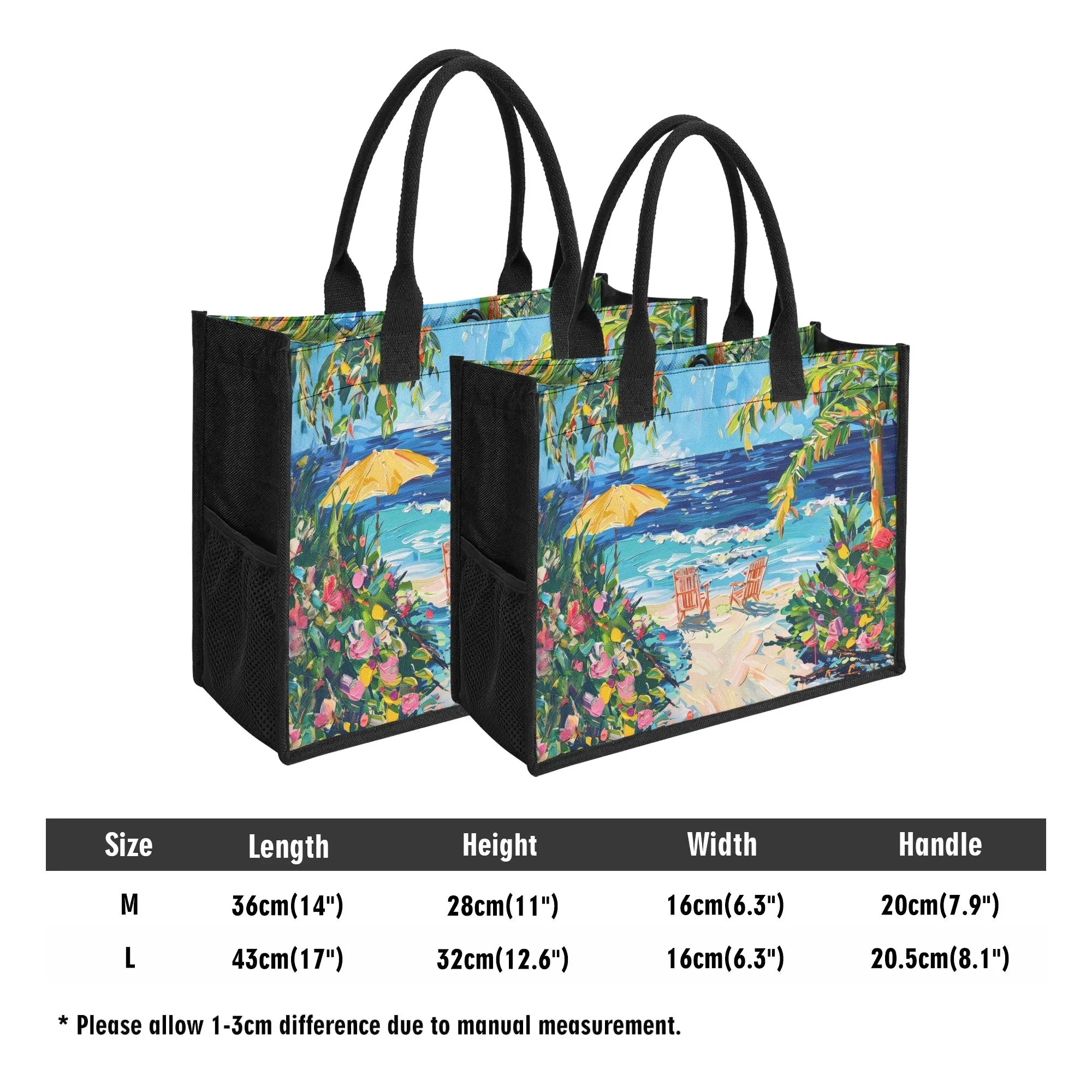 Coastal Dreamscape: Abstract Watercolor Palm Trees, Flowers, and Ocean Waves Structured Button Closure Canvas Tote Bag in 2 Sizes