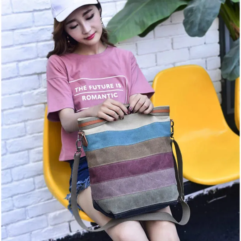 Contrast Paneled Canvas One-Shoulder Crossbody Bag Simple Large Capacity Handbag
