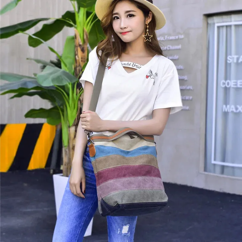 Contrast Paneled Canvas One-Shoulder Crossbody Bag Simple Large Capacity Handbag