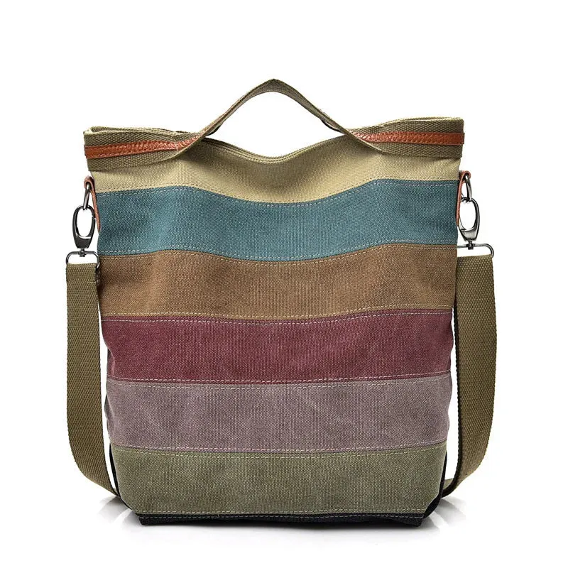 Contrast Paneled Canvas One-Shoulder Crossbody Bag Simple Large Capacity Handbag