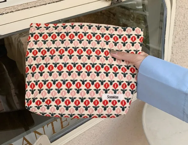 Corduroy Embroidery Large Women Cosmetic Bag Clutch Bag Korean Cosmetic Bag
