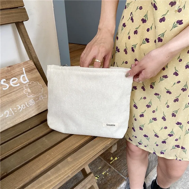 Corduroy Embroidery Large Women Cosmetic Bag Clutch Bag Korean Cosmetic Bag