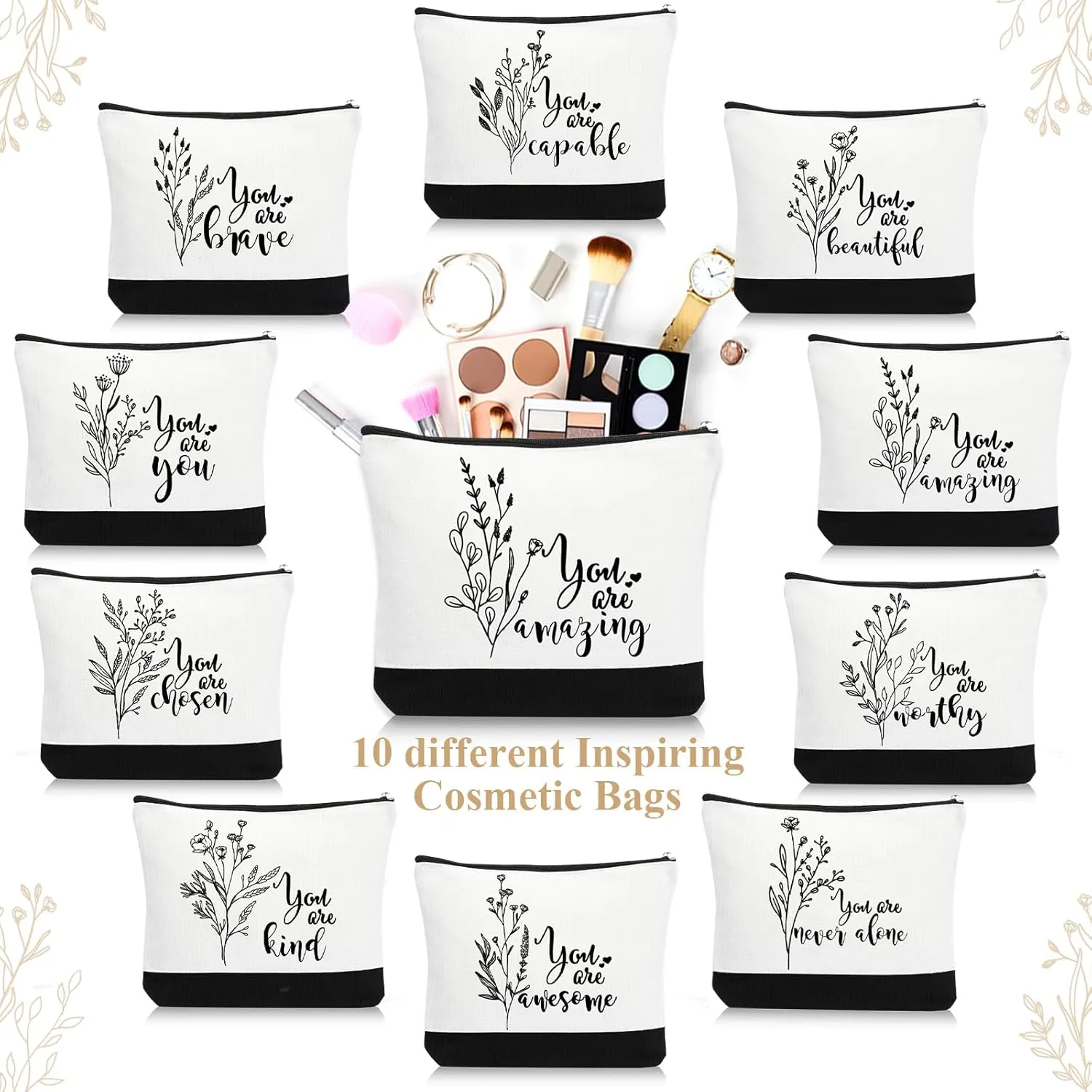 Coume 10 Pcs Boho Flower Canvas Makeup Bags Bulk, Black White Aesthetic Inspirational Quotes Cosmetic Bags Zipper Encouragement Travel Pouch Toiletry Bag Women Teacher Friend Birthday Gift