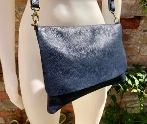 Cross body /shoulder bag. NAVY blue soft genuine leather bag with zipper, flap   adjustable strap. Dark blue leather purse. Navy messenger
