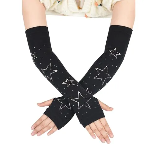 Dailyyart Rhinestone Knitted Arm Warmer，Star Hair Clips Gothic Punk Fingerless Arm Warmers for Girls Women Night Club (Black)
