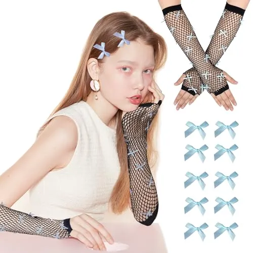 Dailyyart Rhinestone Knitted Arm Warmer，Star Hair Clips Gothic Punk Fingerless Arm Warmers for Girls Women Night Club (Black)