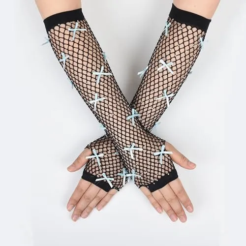 Dailyyart Rhinestone Knitted Arm Warmer，Star Hair Clips Gothic Punk Fingerless Arm Warmers for Girls Women Night Club (Black)
