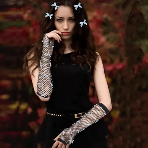 Dailyyart Rhinestone Knitted Arm Warmer，Star Hair Clips Gothic Punk Fingerless Arm Warmers for Girls Women Night Club (Black)