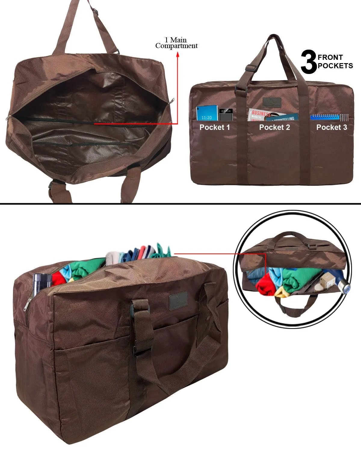 Deeya Ballistic Nylon Large Size Unisex Foldable Travel Duffle Bag with Small Cover Bag (Brown)