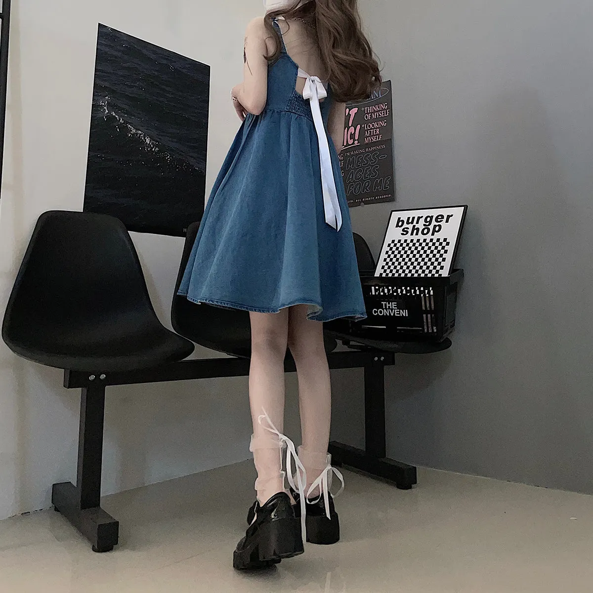 Denim Bow Tie Strap Dress SD02484