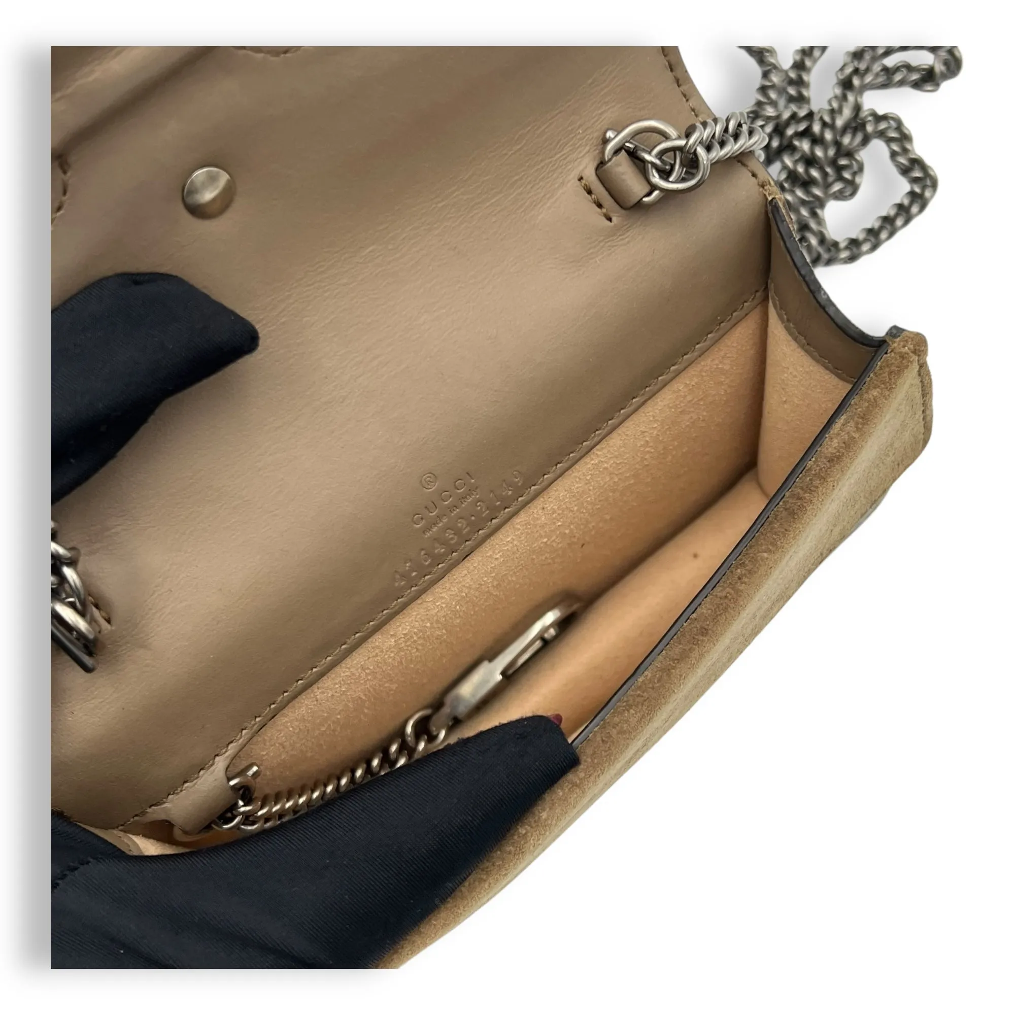 Dionysus Super Mini Brown Crossbody Bag in Coated Canvas, Silver hardware