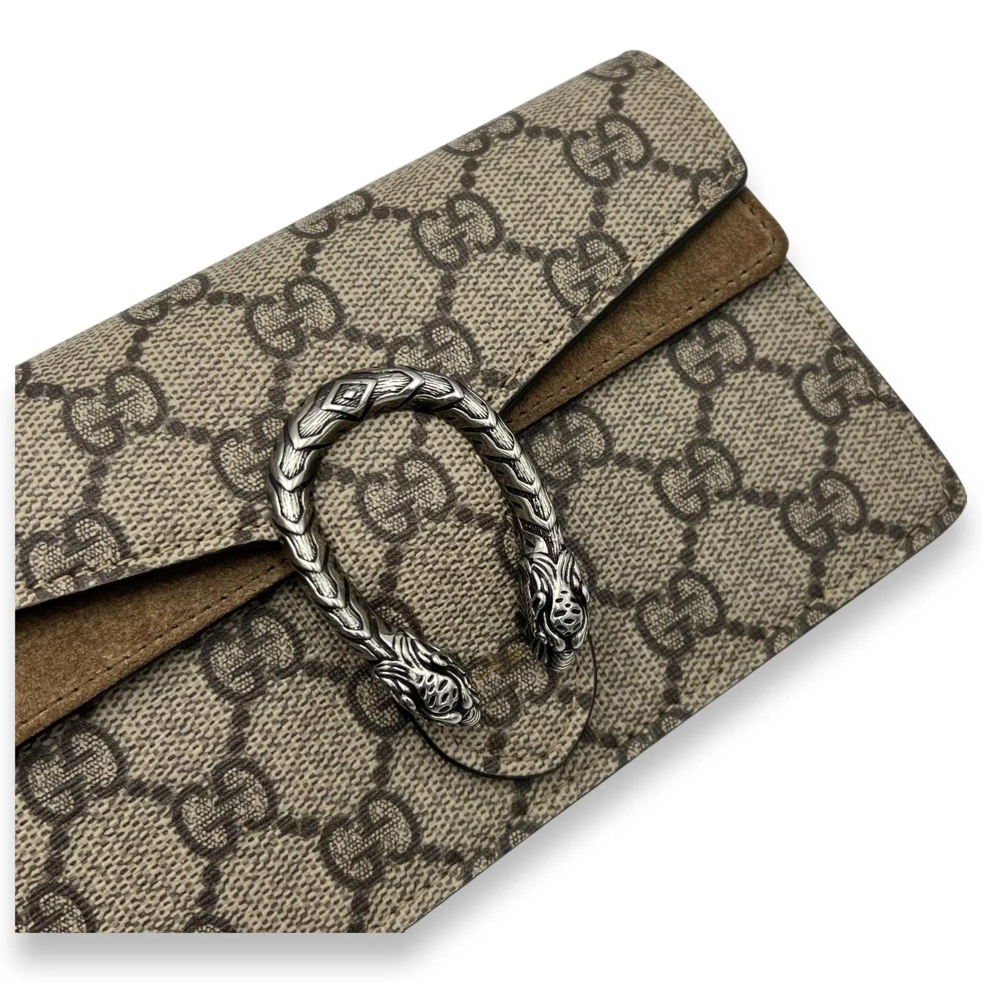 Dionysus Super Mini Brown Crossbody Bag in Coated Canvas, Silver hardware