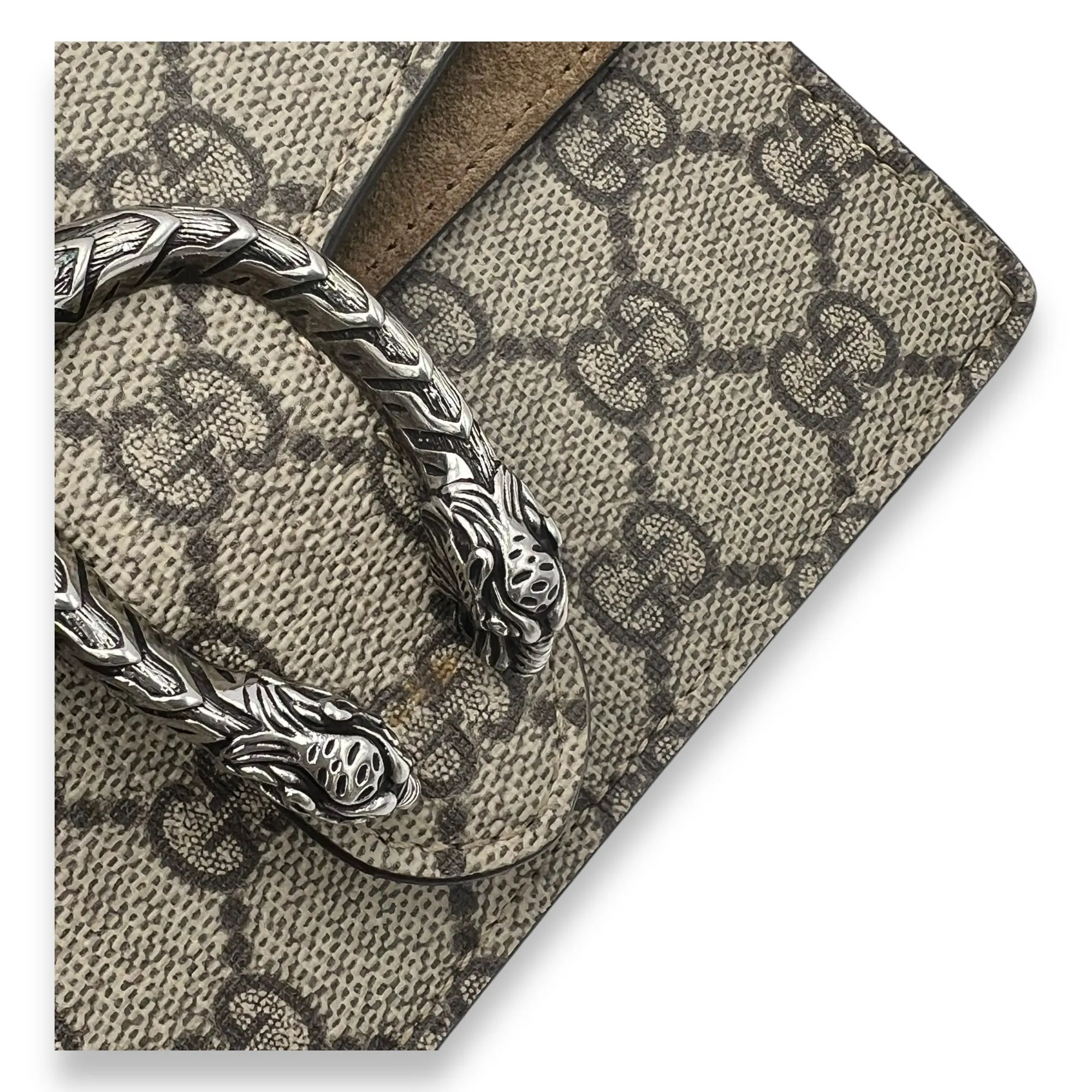 Dionysus Super Mini Brown Crossbody Bag in Coated Canvas, Silver hardware
