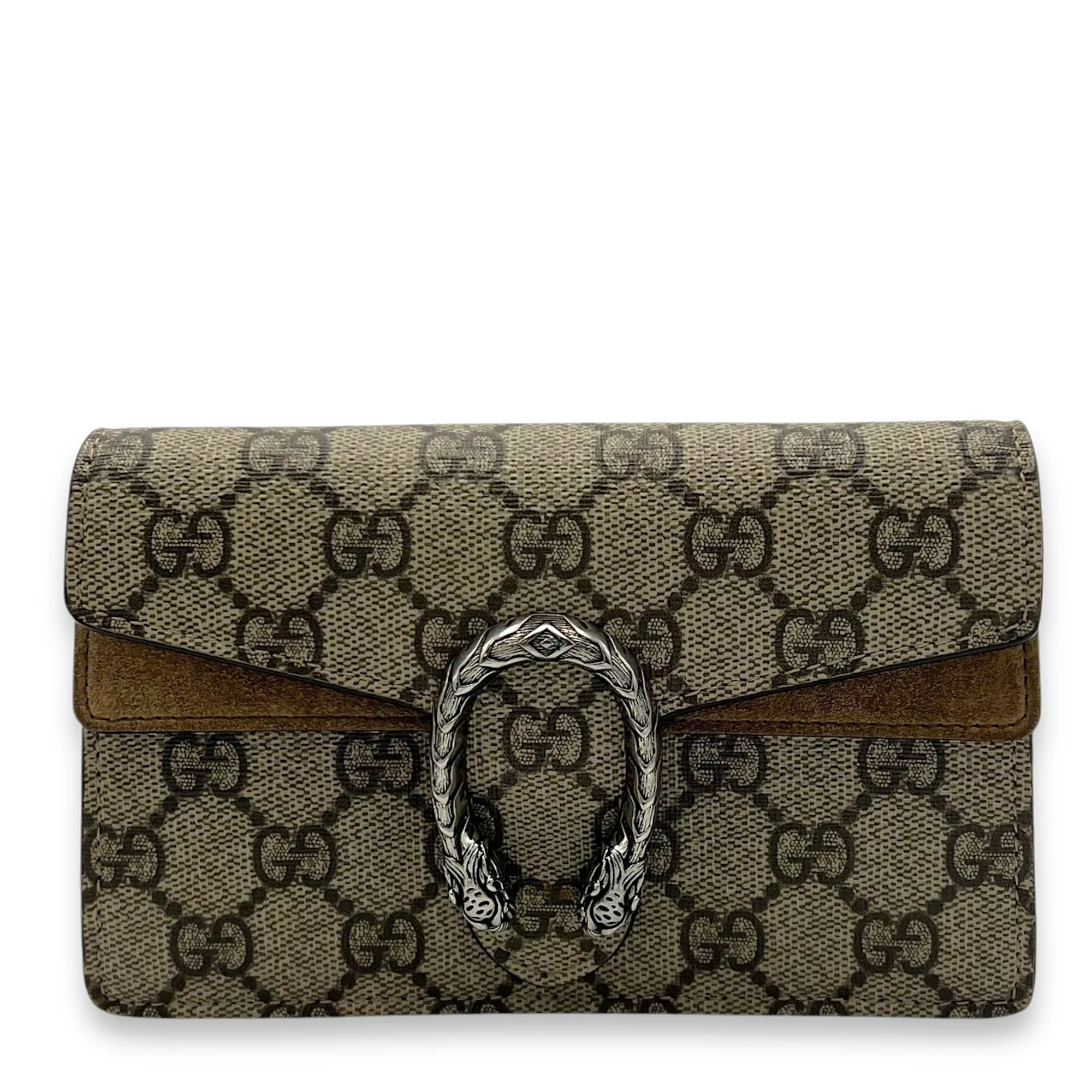 Dionysus Super Mini Brown Crossbody Bag in Coated Canvas, Silver hardware