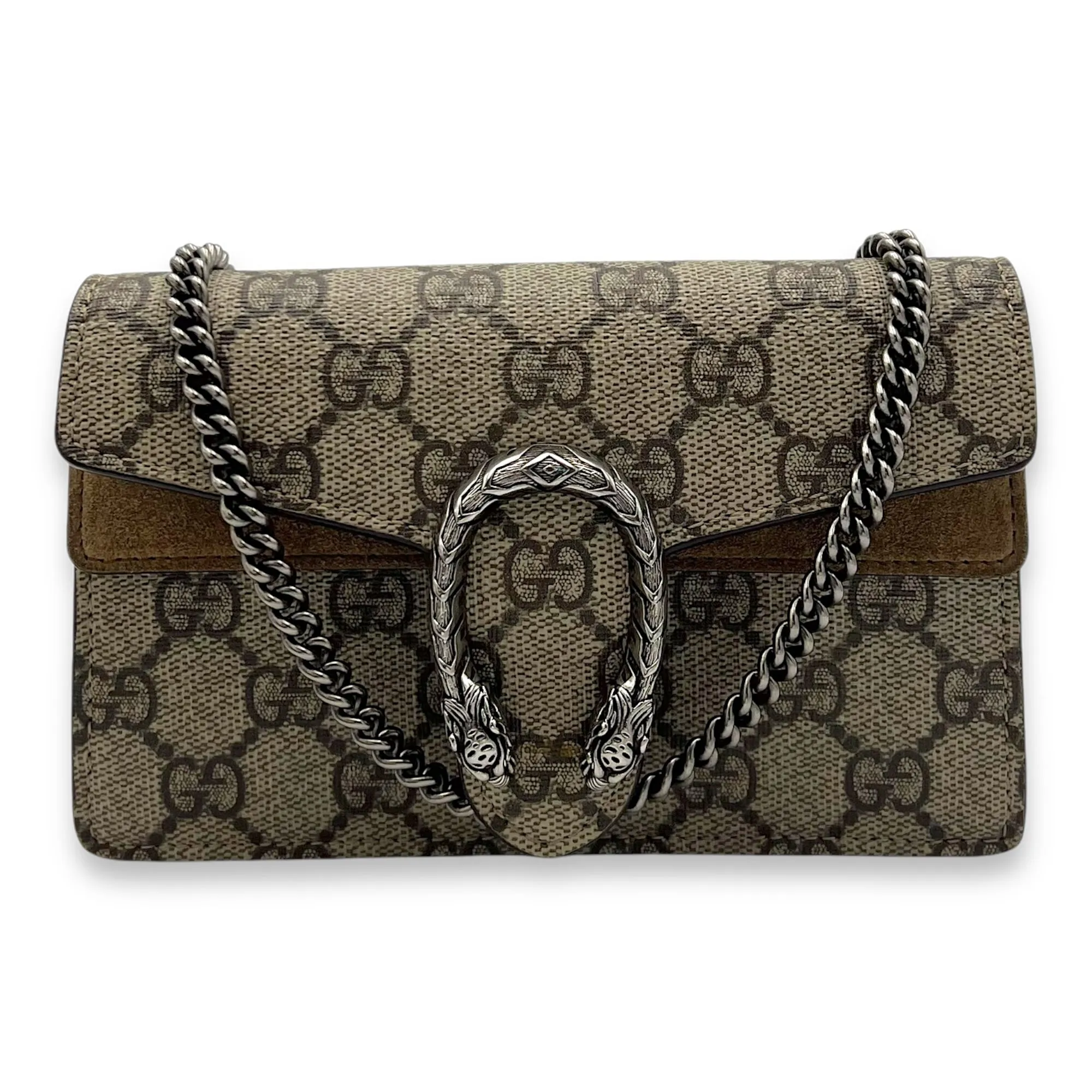 Dionysus Super Mini Brown Crossbody Bag in Coated Canvas, Silver hardware