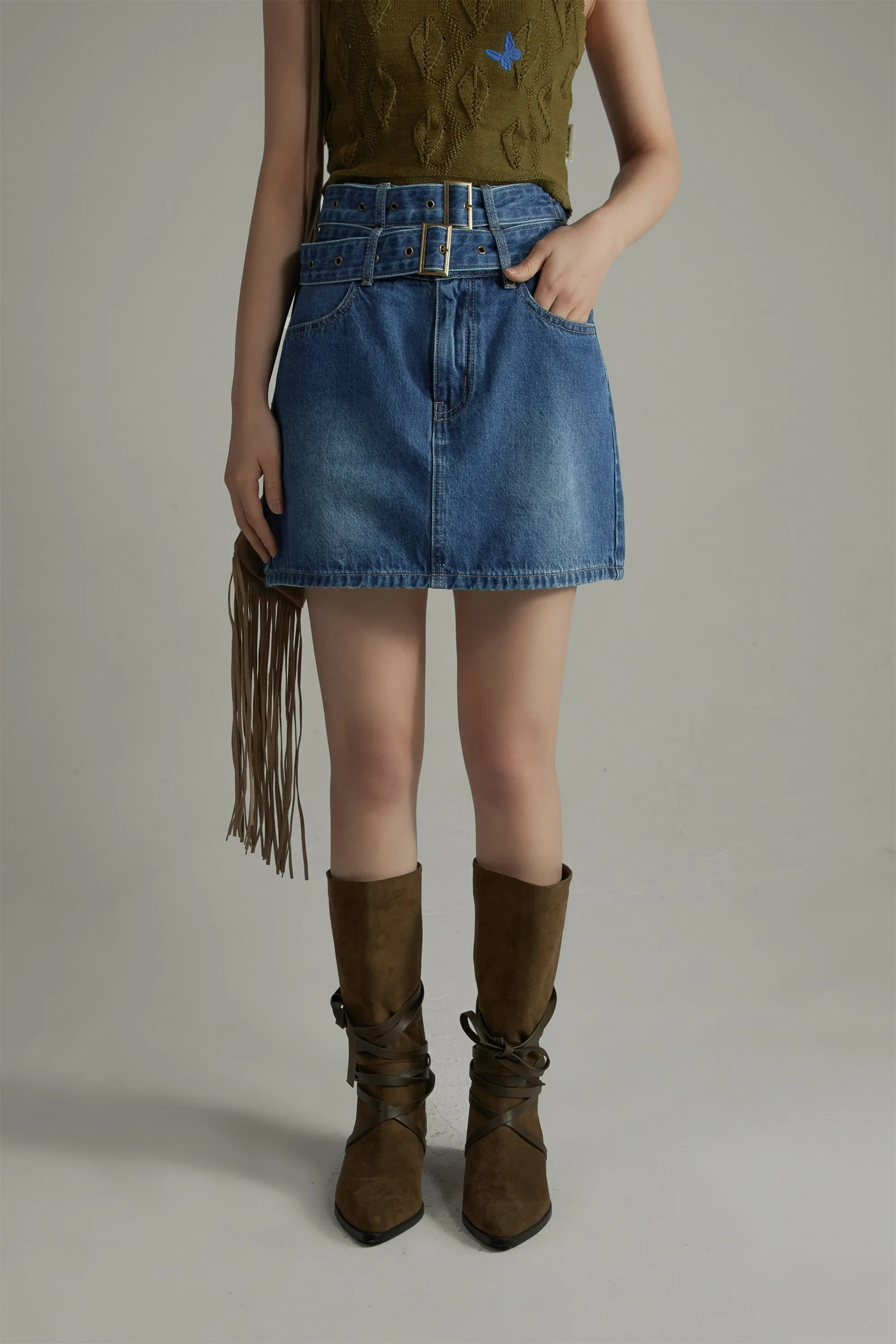 Double Belted Mini Denim Skirt