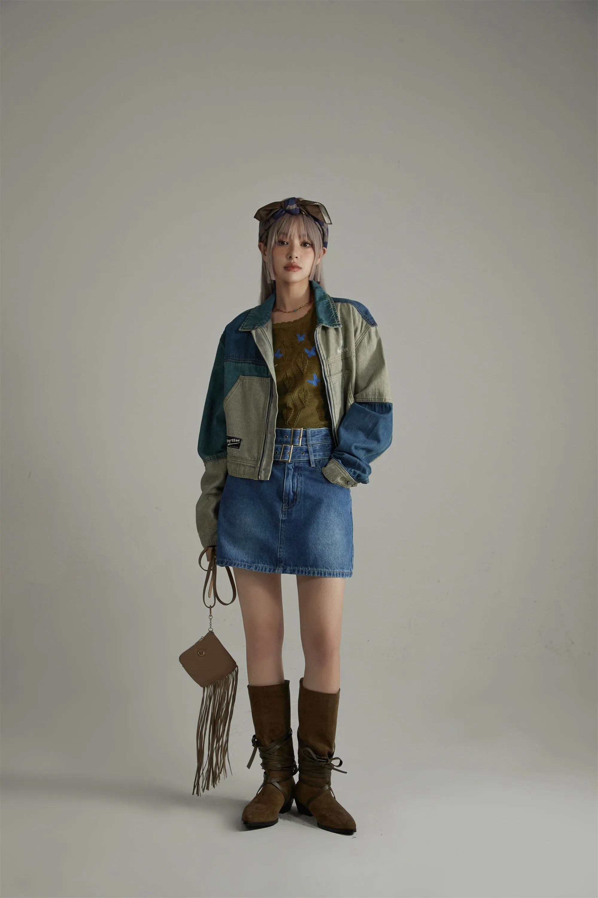 Double Belted Mini Denim Skirt