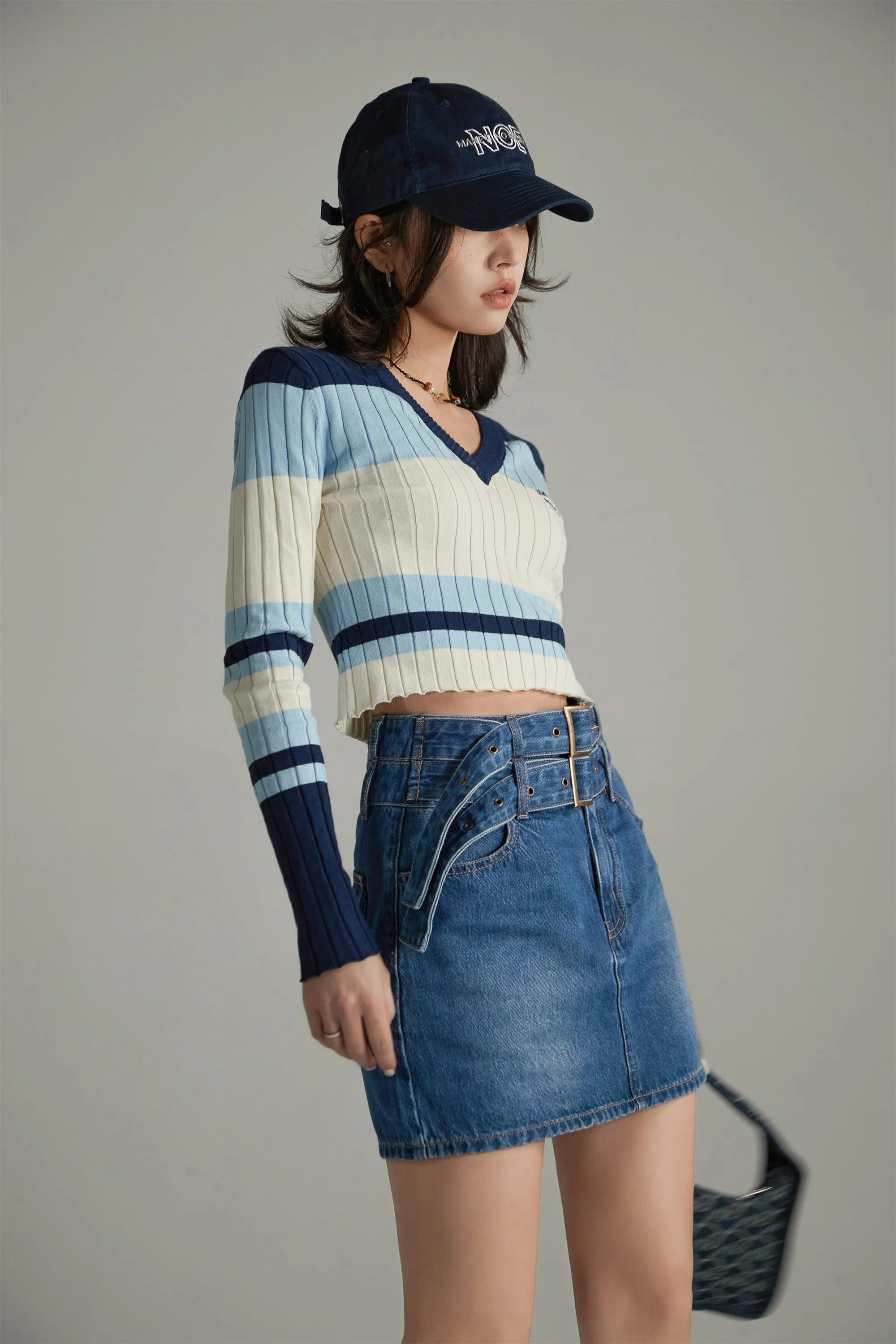 Double Belted Mini Denim Skirt