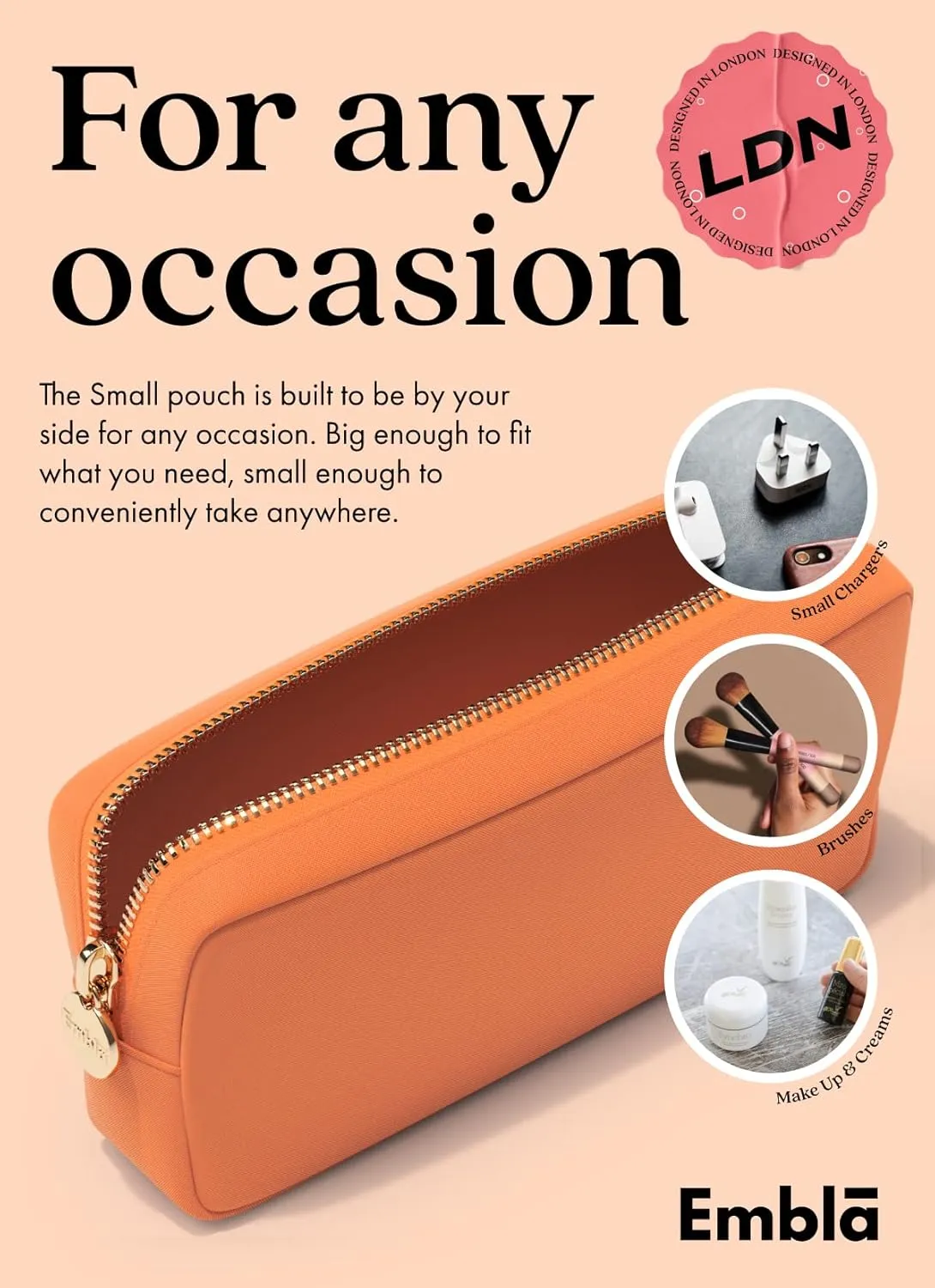 Embla Makeup Bag Travel Cosmetics Pouch and Toiletry Bag, Nylon Zipper Pouch Purse, Cute Make Up Organizer Storage Tote for Women Girls, Waterproof Travel Skincare Case, Small Makeup Bags, Peach