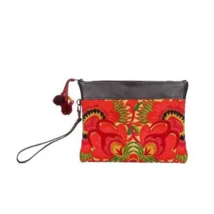 Embroidered Flower Leather Trim Wristlet - Thailand