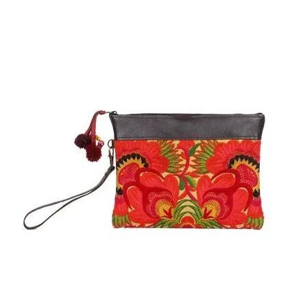 Embroidered Flower Leather Trim Wristlet - Thailand