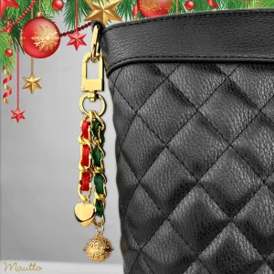 Fancy Jingle Bell Heart Charm Christmas Accessory - Green & Red Leather Woven Chain - Gold or Silver