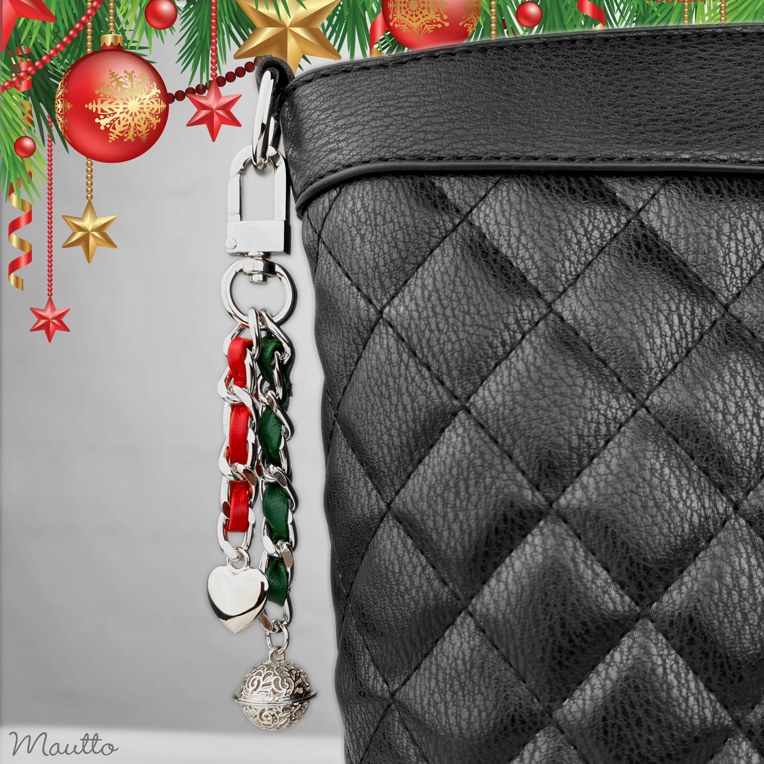 Fancy Jingle Bell Heart Charm Christmas Accessory - Green & Red Leather Woven Chain - Gold or Silver