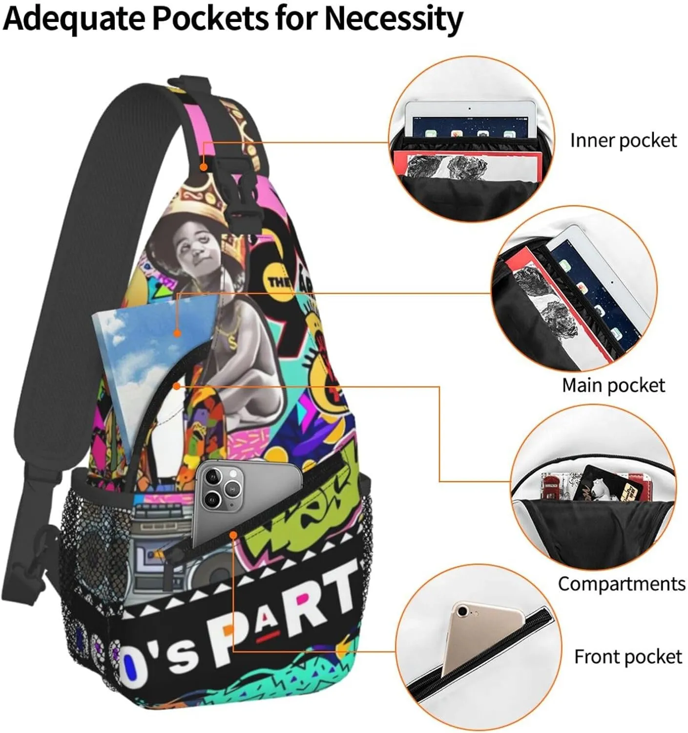 Fashion Retro 80s 90s Sling Bags Adjustable Chest Bag Daypack Crossbody Backpack for Travel Sport Running Hiking