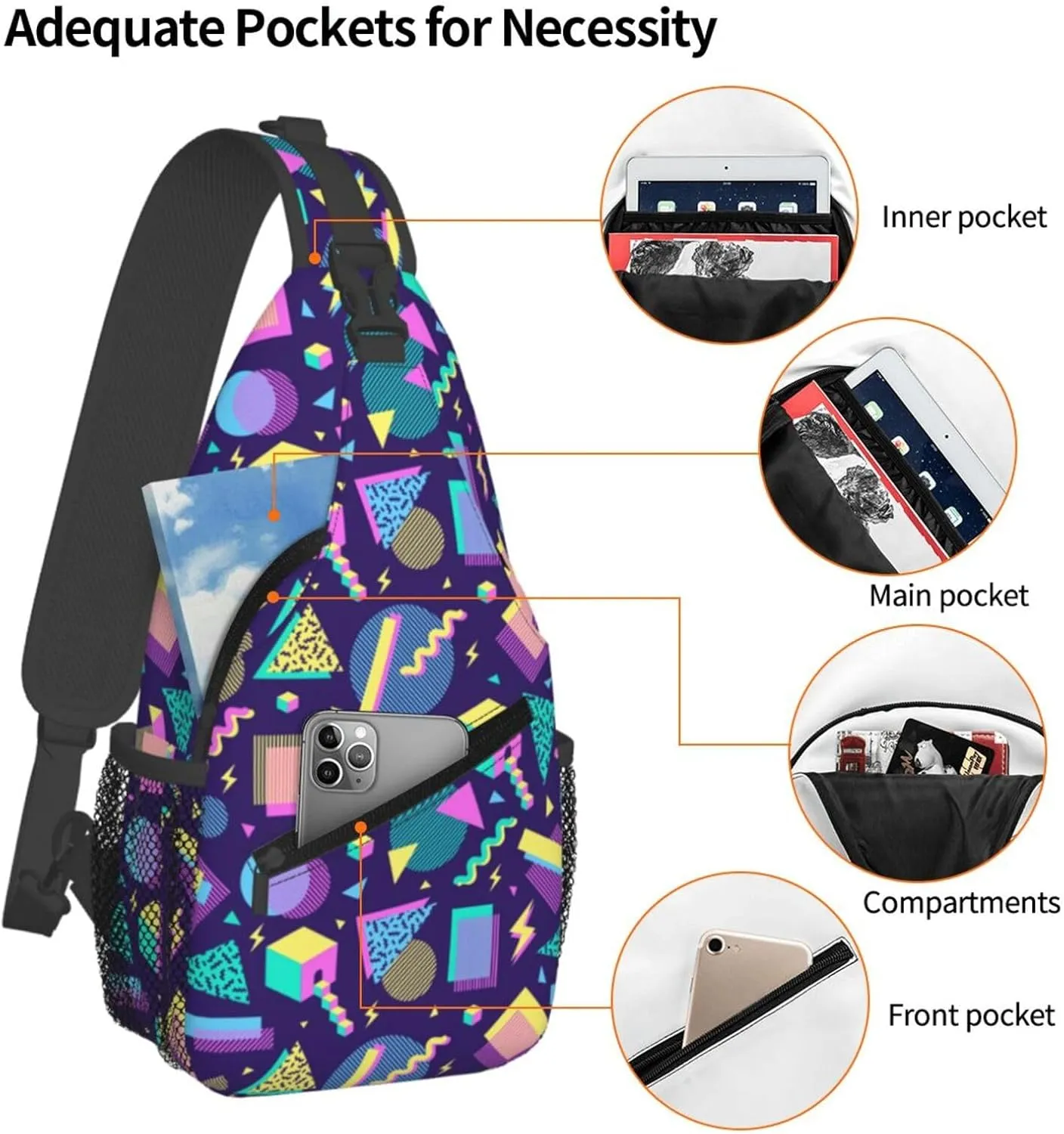 Fashion Retro 80s 90s Sling Bags Adjustable Chest Bag Daypack Crossbody Backpack for Travel Sport Running Hiking