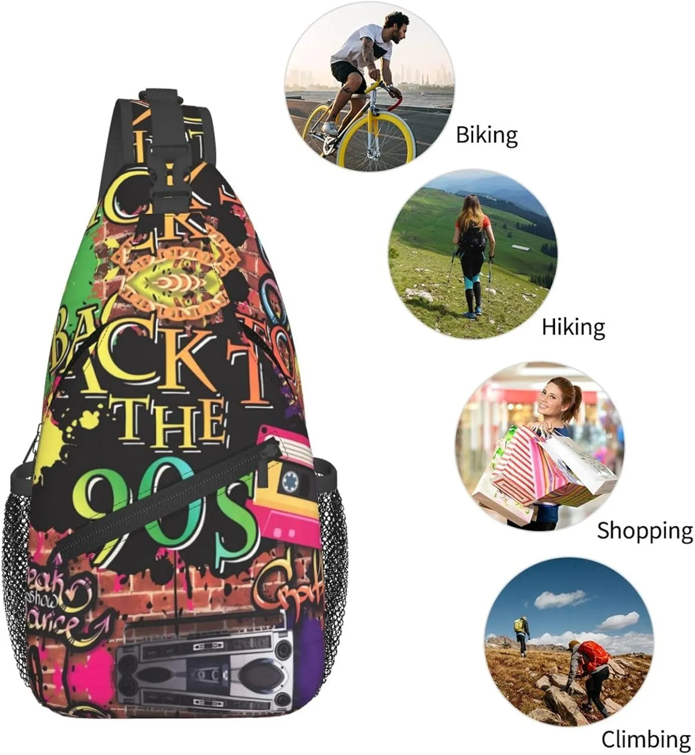 Fashion Retro 80s 90s Sling Bags Adjustable Chest Bag Daypack Crossbody Backpack for Travel Sport Running Hiking