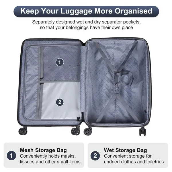 FCH 3-in-1 Set Double Wheel Silent Wheel With Wet & Dry Separation Compartment ABS, PC Trolley Case 20in 24in 28in ABS, PC Inner Aluminum Outer Iron Tie Rod Fabric - Black- FREE USA SHIPPING