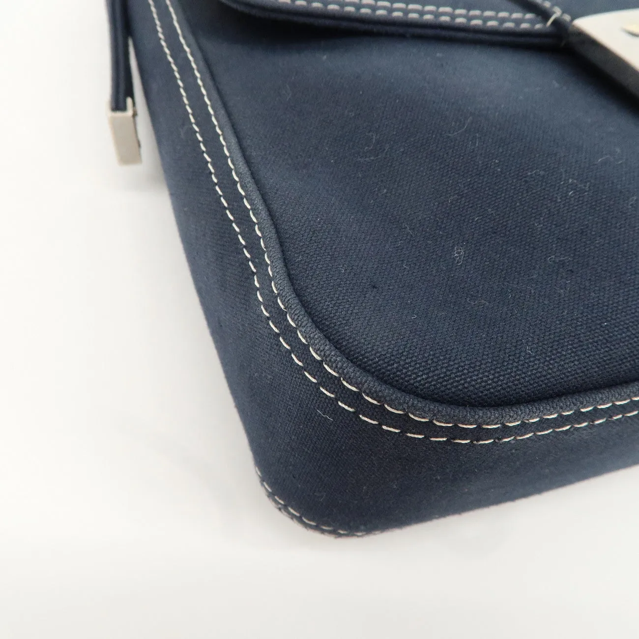 FENDI Logo Canvas Shoulder Bag Hand Bag Navy Used