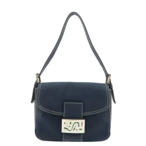 FENDI Logo Canvas Shoulder Bag Hand Bag Navy Used