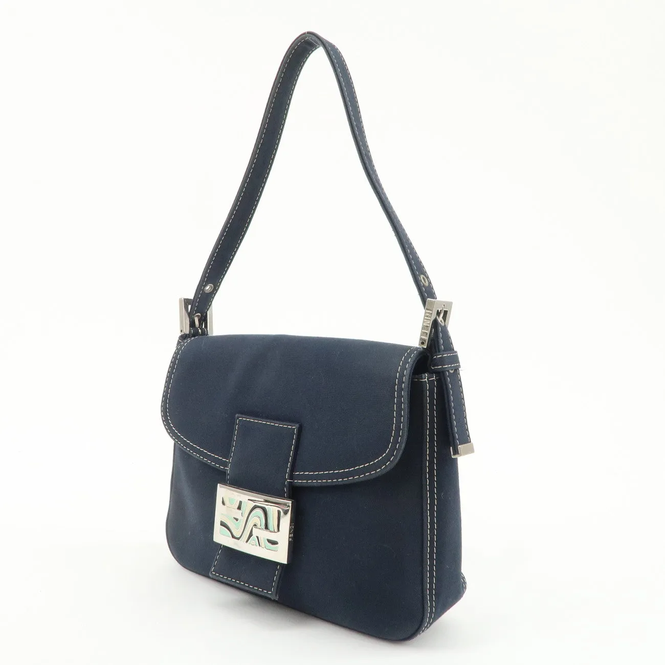 FENDI Logo Canvas Shoulder Bag Hand Bag Navy Used