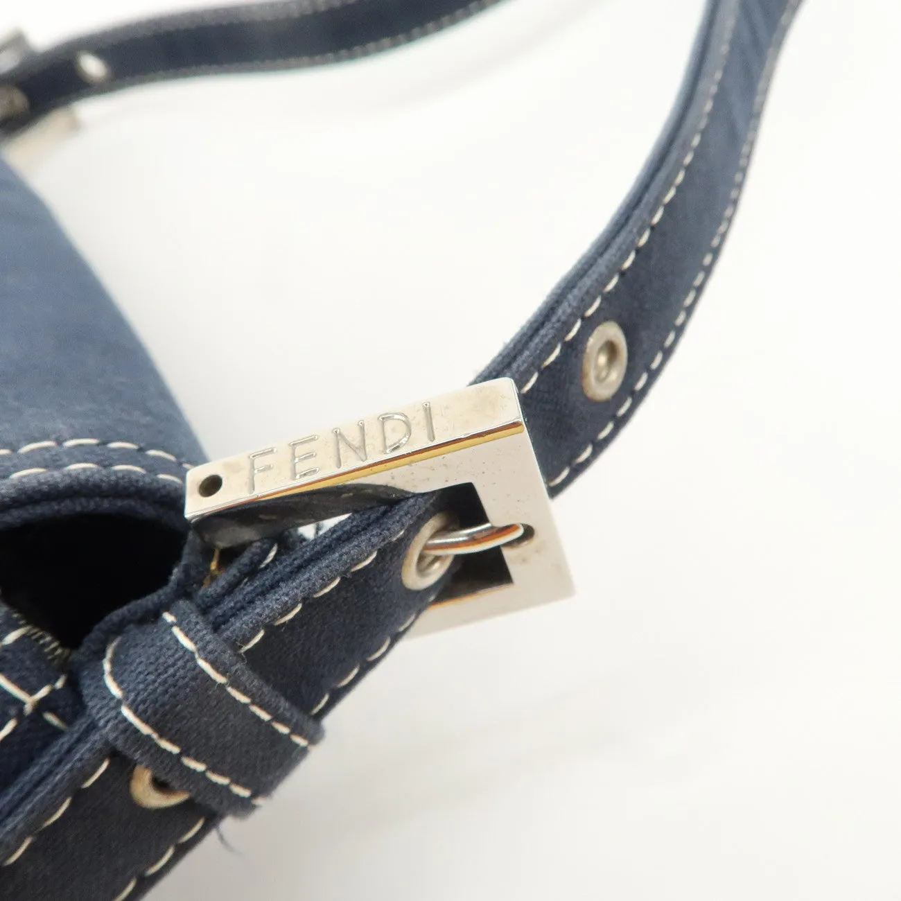 FENDI Logo Canvas Shoulder Bag Hand Bag Navy Used