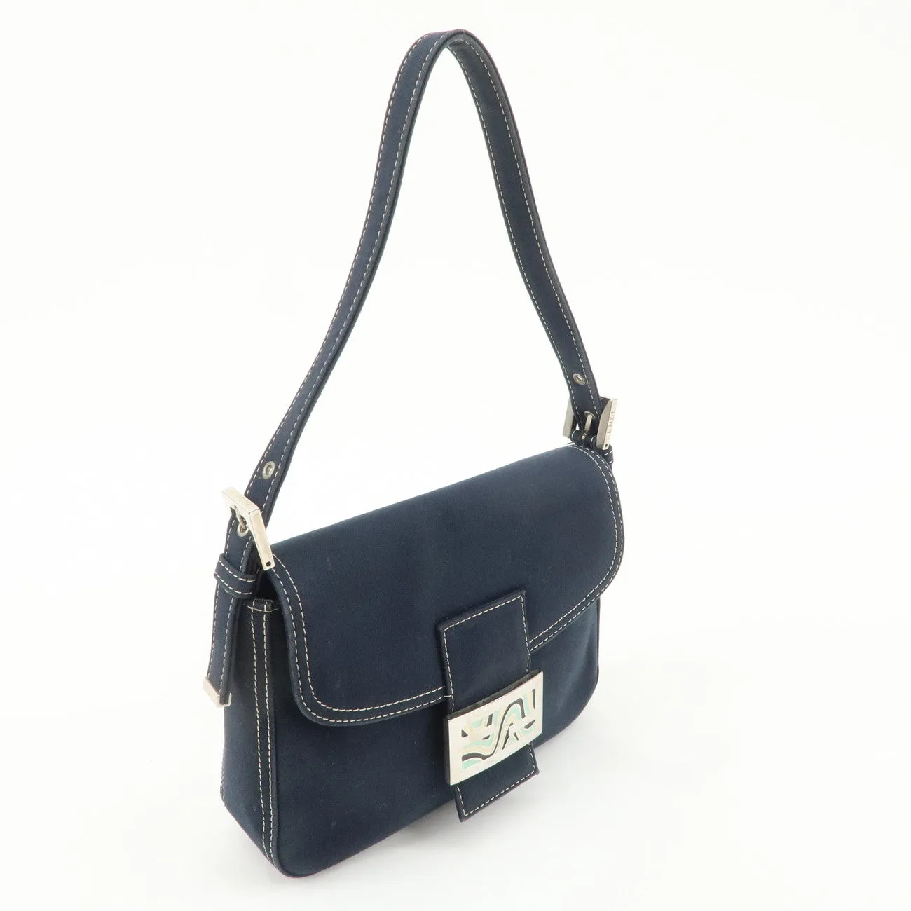 FENDI Logo Canvas Shoulder Bag Hand Bag Navy Used